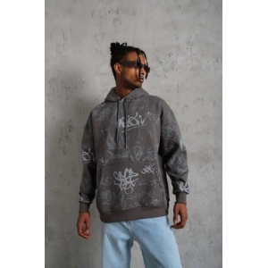Erkek Baskılı Kapüşonlu Ribanalı Sweat - Gri