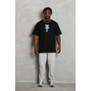 Erkek Baskılı T-Shirt Kısa Kol Bisiklet Yaka Regular Fit Rahat Kalıp Günlük Tişört - Siyah
