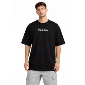 Erkek Bisiklet Yaka Baskılı Kısa Kollu Tişört Streetwear Günlük Basic Pamuklu T-shirt - Siyah