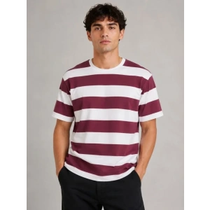 Erkek Çizgili Oversize Tişört Bisiklet Yaka Kısa Kol Yazlık T-Shirt - Bordo