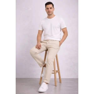 Erkek Diagonel Mikro Dokulu Duble Paça Cepli Pantolon Bağcıklı Bel, Modern Kesim - Krem