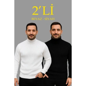 Erkek Fitilli Triko Kazak 2li Set Beyaz Siyah Regular Balıkcı Yaka Tam Boğazlı Triko Seti Modeli Kazak