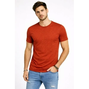 Erkek Flam Kumaş Melanj Dokulu Regular Fit Tişört Bisiklet Yaka Yazlık T-Shirt - Kiremit