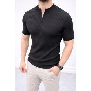Erkek Kısa Kol Fitilli Triko T-Shirt Yazlık Hakim Yaka Tişört - Siyah