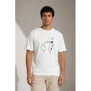 Erkek Köpek Figürlü Minimal Baskılı Tişört Kısa Kol Yazlık T-Shirt - Beyaz