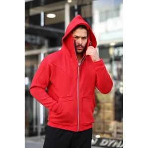 Erkek Maskeli Ninja Model Çift Kapüşonlu 3 İplik Şardonlu Fermuarlı Sweatshirt - Kırmızı