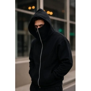 Erkek Maskeli Ninja Model Çift Kapüşonlu 3 İplik Şardonlu Fermuarlı Sweatshirt - Siyah