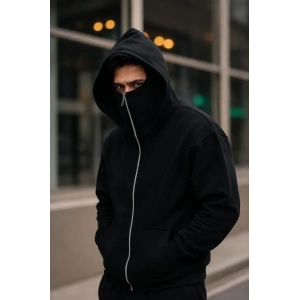 Erkek Maskeli Ninja Model Çift Kapüşonlu 3 İplik Şardonlu Fermuarlı Sweatshirt - Siyah