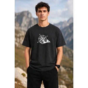 Erkek Outdoor Pusula Dağ Baskılı Kısa Kollu Oversize T-Shirt - Siyah