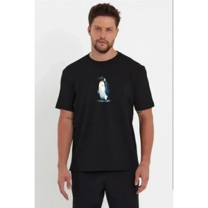 Erkek Oversize Tişört - Sırt Baskılı Survivor Penguin Temalı, Felsefi Yazılı Bisiklet Yaka Tişört - Siyah