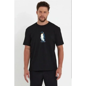 Erkek Oversize Tişört - Sırt Baskılı Survivor Penguin Temalı, Felsefi Yazılı Bisiklet Yaka Tişört - Siyah
