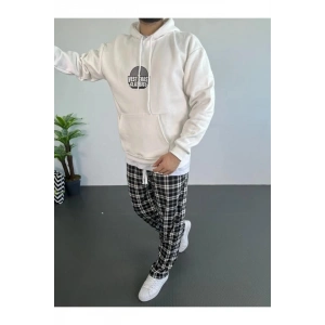 Erkek Oversize Üç İplik Kapüşonlu Sweatshirt – Beyaz Ön Baskılı, Kanguru Cepli, Rahat Kalıp, İçi Pamuklu Model