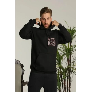 Erkek Oversize Üç İplik Kapüşonlu Sweatshirt –Sırt Ve Ön Baskılı, Kanguru Cepli, Rahat Kalıp Maskot Desenli Model - Siyah