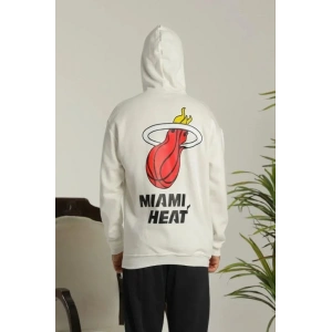 Erkek Oversize Üç İplik Kapüşonlu Sweatshirt –Sırt Ve Ön Baskılı, Kanguru Cepli, Rahat Kalıp Maskot Desenli Model - Siyah Beyaz
