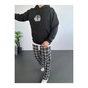 Erkek Oversize Üç İplik Kapüşonlu Sweatshirt – Siyah Sırt Ve Ön Baskılı, Kanguru Cepli, Rahat Kalıp, İçi Pamuklu ModeL-Siyah