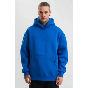 Erkek Saks Mavi Double Oversize 3 İplik Pamuklu Kapüşonlu Kanguru Cepli Sweatshirt Hoodie - Saks Mavi
