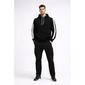 Erkek Şeritli Kapüşonlu Sweatshirt Oversize 3 Iplik Pamuklu - Siyah