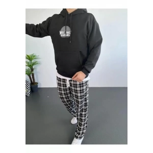 Erkek Sırt Baskılı Kapüşonlu Üç İplik Oversize Sweatshirt - Siyah