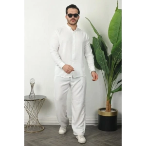 Erkek Sofya Keten Gömlek Pantolon Alt Üst Takım Uzun Kollu - Beyaz