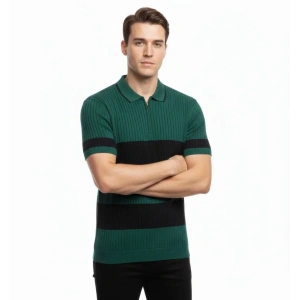 Erkek T-shirt Çizgili Triko Dokuma Kumaş Polo Yaka Yarım Fermuarlı Regular Kalıp Tişört - Çağla Yeşili
