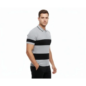 Erkek T-shirt Çizgili Triko Dokuma Kumaş Polo Yaka Yarım Fermuarlı Regular Kalıp Tişört - Gri