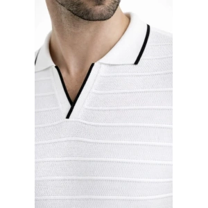 Erkek Triko Kumaş Yakalı Düğmesiz Açık Yaka Fitilli Kısa Kollu Regular Fit Tişört T-shirt - Beyaz