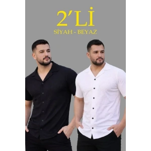 Erkek Waffle Dokuma Açık Yakalı Düğmeli Regular Kalıp 2’li Gömlek Seti - Siyah - Beyaz