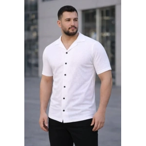 Erkek Waffle Kumaş Kısa Kollu Düğmeli Açık Yaka Regular Fit Gömlek - Beyaz