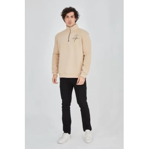 Erkek Yarım Fermuarlı Baskılı Sweat - Bej