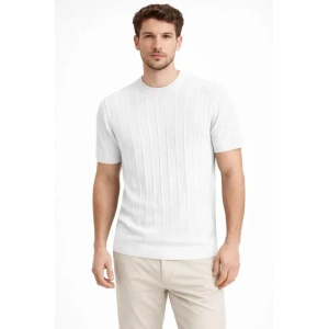 Erkek Yazlık Fitilli Triko Tişört Kısa Kol Bisiklet Yaka T-Shirt - Beyaz