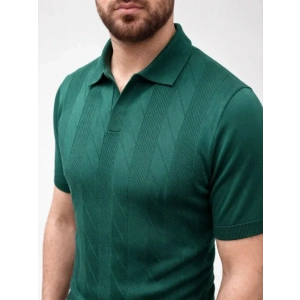 Erkek Yazlık Triko Dokuma Tişört Kısa Kol Polo Yaka T-Shirt - Koyu Yeşil