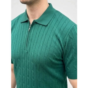 Erkek Yazlık Triko Saç Örgü Tişört Kısa Kol Polo Yaka Fermuarlı T-Shirt - Haki