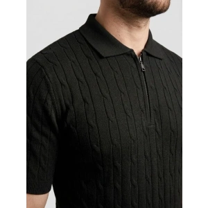 Erkek Yazlık Triko Saç Örgü Tişört Kısa Kol Polo Yaka Fermuarlı T-Shirt - Siyah