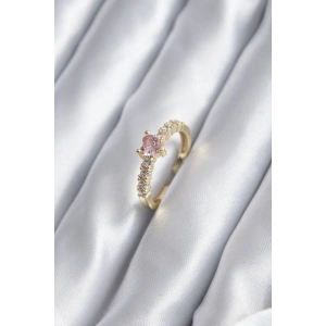 Gold Renk Zirkon Taşlı Pembe Kristal Kalp Model Kadın Yüzük
