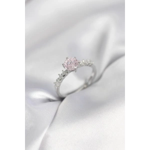 Gümüş Renk Pembe Tek Taş Model Zirkon Taşlı Kadın Yüzük