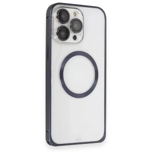 iPhone 15 Pro Max Kılıf Metal Bumper Magneticsafe Kapak - Lacivert