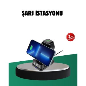 Kablosuz Şarjlı Dijital Masa Saati – 3 Parlaklık Seviyeli LED, Hızlı Şarj, Apple Uyumlu