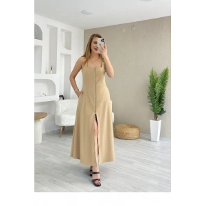 Kadın Askılı Kare Yaka önden Fermuarlı Geniş Kesim Janjan Krep Elbise