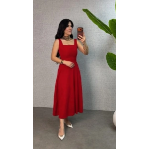 Kadın Askılı Kare Yakalı Bel Arkasından Bağlama Detaylı Uzun Yerli Krep Elbise
