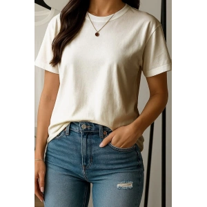 Kadın Bisiklet Yaka Oversize T-shirt Kırık Beyaz