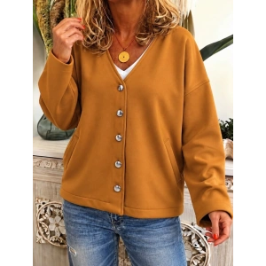 Kadın Düğme Detaylı V Yaka Oversize Camel Ceket / Hırka