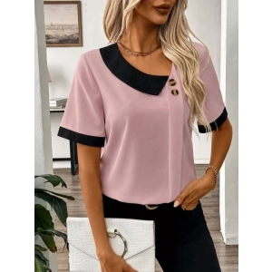 Kadın Kısa Kollu Asımetrik Yaka Detaylı Düğmeli Dubai Bluz