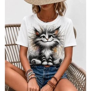 Kadın Kısa Kollu Bisiklet Yaka Kedi Baskılı Süprem Bluz