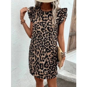 Kadın Kısa Kollu Kolları Fırfır Detay Arkası Bağlamalı Leopar Desen Kolsuz Mini Mikro Elbise