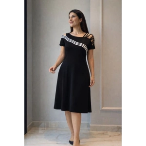 Kadın Kısa Kollu Omuzlardan Açık şerit Detaylı Midi Viskon Elbise