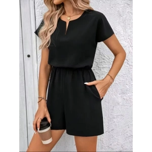 Kadın Kısa Kollu V Yakalı Beli Lastikli Kısa Ithal Krep Tulum