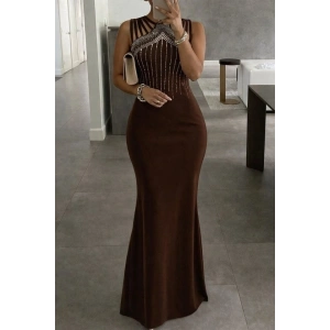 Kadın Omuz çoklu Askılı önü Taş Işlemeli Balık Kesim Janjan Krep Maxi Boy Elbise