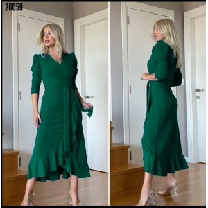 Krep Kumaş Midi Boy Kuşaklı Uzunkol Elbise 113 Cm