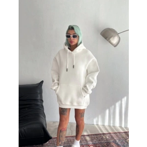 Kapşonlu Üç İplik Penye Basic SweatShirt - Beyaz