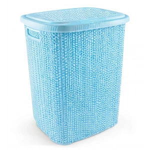 Kirli Çamaşır Sepeti Kapaklı 65 LT Örgü Desenli Plastik Çamaşır Sepeti Banyo Sepeti - Mavi
